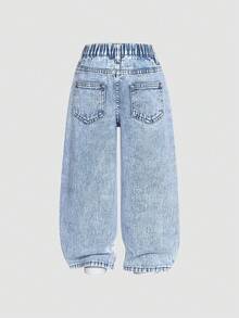 SHEIN ChillGRL 少女休闲时尚个性化设计蓝色爱心刺绣斜襟开衩下摆水洗蓝牛仔直筒修身牛仔裤 - 中等水洗藍 - 查看 3