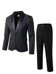 2件套青少年男孩绅士西装，包含高级拼接翻领西装外套和优雅长裤。精致高端正装，适合生日派对、庆典、演出、主持、婚礼和其他正式场合（生日、婚礼、婚宴嘉宾、花童、戒童）。 - 黑色 - 查看 5