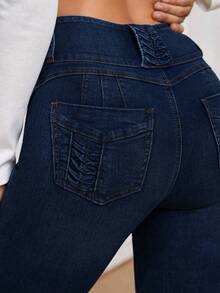 EMERY ROSE 大码女式高腰宽腰带弹力紧身牛仔裤 - 深色水洗藍 - 查看 4