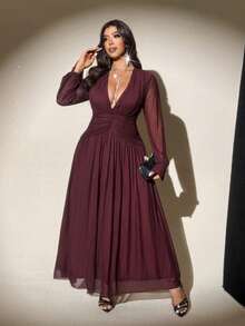 Viva Relle Vestido de fiesta de manga larga con cuello en V profundo y plisado de malla para mujer de talla grande - Marrón - Ver 5