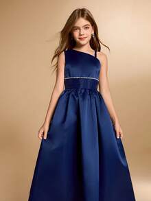 Girls' Long Piano Recital Dress, Christmas Party Gown, Children's Orchestra Choir Dress, Junior Host Princess Dress, Minimalist - Navy Blue - View 6