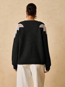 Travachic Plus Size Fashionable Women's Beaded Pullover Sweater In Fall/Winter - Black - View 2