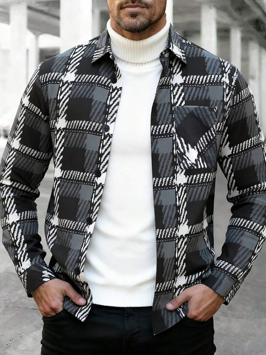 Manfinity Homme Men's Casual Plaid Print Button Woolen Streetwear Black And White Long Sleeve Overcoat Old Money, Fall/Winter