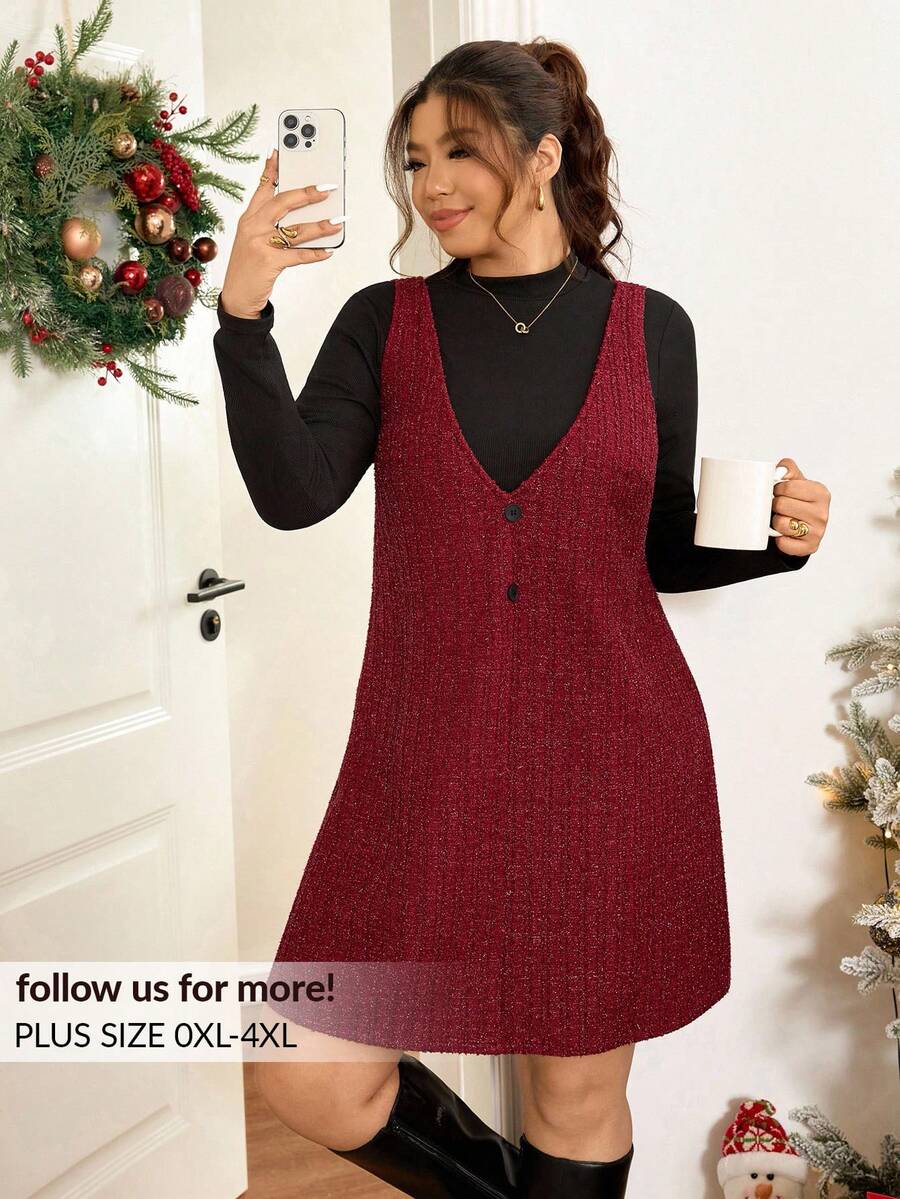 Lounesse 2pcs/Set Plus Size Women Casual Fitted Long Sleeve Red Top And Dress, Autumn Red Vest Dress Sweater Vest For Women