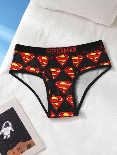 SUPERMAN X SHEIN 1pc Men's Red & Black Comfortable Breathable Contrast Trim Cartoon Print Basic Casual Briefs Cartoon Underwear