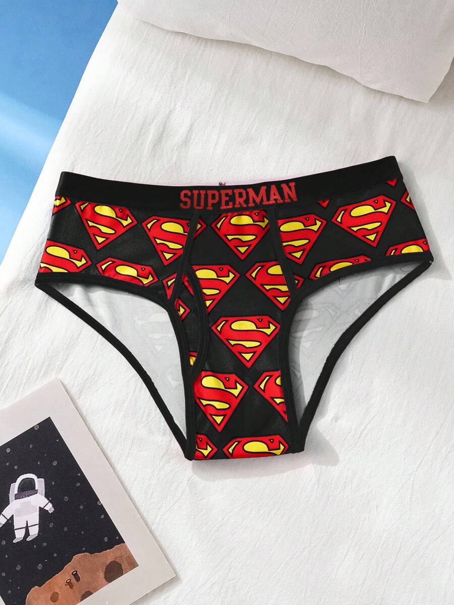 SUPERMAN X SHEIN 1pc Men's Red & Black Comfortable Breathable Contrast Trim Cartoon Print Basic Casual Briefs Cartoon Underwear Mens Underwear Funny Underwear Cute Underwear