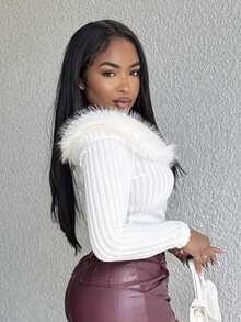 Alexandranx Off Shoulder Fuzzy Trim Crop Pink Jacket In Fall/Winter - White - View 3