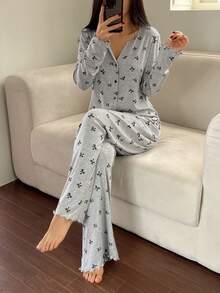 DAZY 女士两件套蝴蝶结印花针织上衣和裤子睡衣套装，冬季服装 - 灰色 - 查看 4