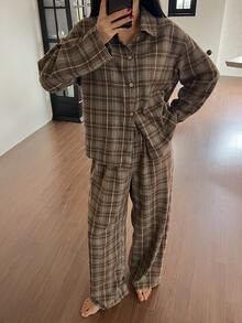 DAZY Plaid Loose Women Long Sleeve Single-Breasted Top And Pants Pajama Set, Fall & Winter Clothes