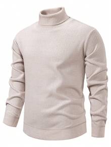 Calvornis 男士休闲日常通勤简约纯色高领毛衣，秋冬季长袖上衣 - 米色 - 查看 5