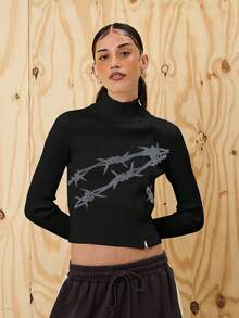 COUREZ Suéter acanalado ajustado con cremallera asimétrica y gráfico / Salida Y2K para mujeres Primavera Tops de salida para mujeres Suéter de primavera para mujeres Rave - Negro - Ver 4