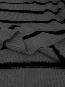 SHEIN LUNE Casual Round Neck Black & White Striped Pullover Sweater, College Style - Grey - View 5
