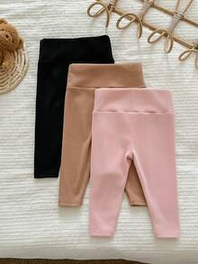SHEIN LMoss 3件套女婴针织纯色字母印花套装，女婴下装，女婴裤子，女婴长裤，舒适秋冬款式，女婴服装 - 彩色 - 查看 2