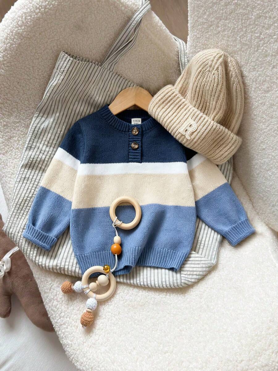 SHEIN Baby pojke rundhalsad randig halvknäppt avslappnad mångsidig tröja pullover - Blå - Visa 1