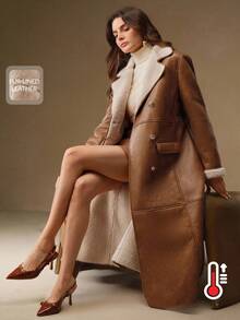 Anewsta 棕褐色仿毛皮领双排扣长款大衣，配腰带，优雅高档，秋冬款 - 咖啡棕 - 查看 1