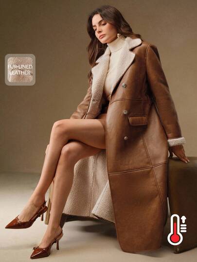 Anewsta Brown & Beige Faux Fur Collar Double-Breasted Long Coat With Belt, Elegant & Premium, Autumn/Winter