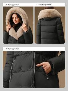 Anewsta 女士时尚休闲蓬松人造毛领中长款黑色绗缝外套，拉链款