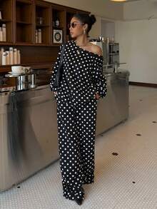 Muchica 女士波点斜肩宽松卫衣运动裤套装，秋冬款 - 黑色 - 查看 4