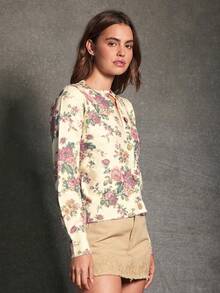 WESTFADE 花卉提花圆领纽扣前襟宽松长袖开衫毛衣可爱秋季针织上衣，适合秋季、冬季、休闲穿着 - 杏色 - 查看 4