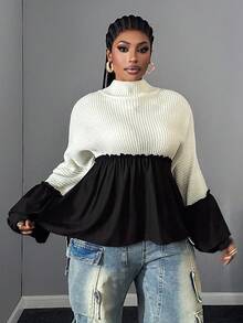 Maweii Plus Size Women Patchwork Stand Collar Pullover Sweater - Black and White - View 5