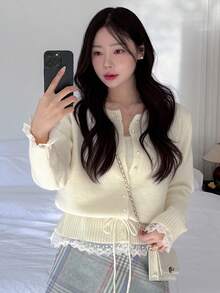 DAZY 女款法式蕾絲拼接針織開襟衫，加厚休閒寬鬆版型外套上衣，秋冬長袖上衣 - 米色 - 查看 8
