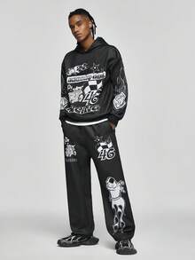 SCOOBY-DOO X SHEIN Conjunto de sudadera con capucha y pantalón de chándal con bolsillo con gráfico de letra y coche para hombre - Negro - Ver 4