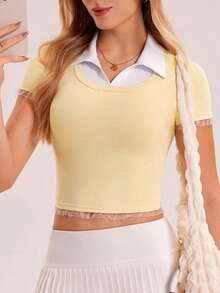 Gameset SHEIN Sport 女式运动 Polo 衫，二合一，撞色 Polo 领，不对称荷叶边下摆和袖口，适合休闲穿着、跑步、瑜伽、健身、网球、高尔夫等，春季、秋季、冬季 - 彩色 - 查看 5