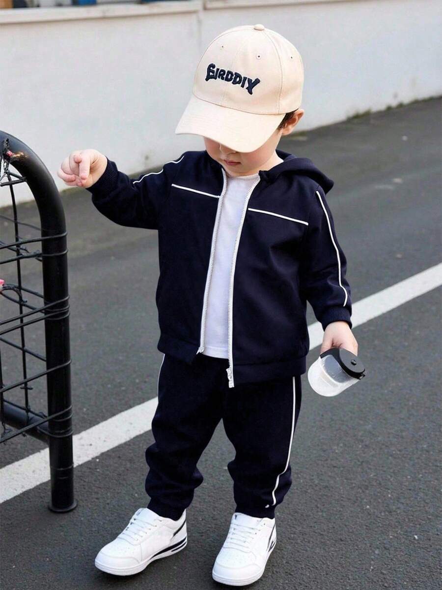 2件套幼儿男童连帽卫衣裤套装,秋冬新款,黑色连帽衫配白色撞色条纹,黑色裤子,舒适休闲日常穿着,适合家庭/兄弟姐妹穿着 - 藏蓝色 - 查看 1