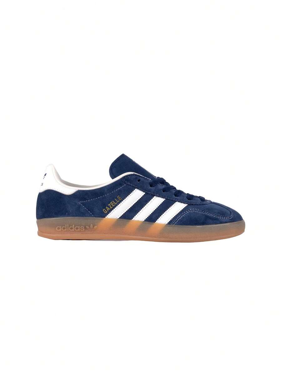 Adidas Giày thể thao trong nhà Gazelle dành cho nam, màu xanh đậm/trắng ngà/vàng ánh kim JQ8393 - Night Indigo / Off White / Gold Metallic - Xem 1