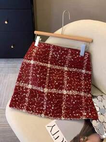 Serisse Chân váy chữ A họa tiết kẻ caro trang trí sequin thanh lịch dành cho nữ, Thu/Đông - Đỏ - Xem 8