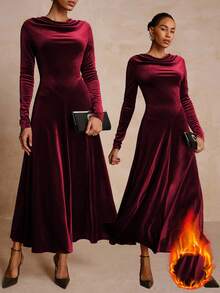 Vesra Women's Elegant Plunging Neck Long Sleeve Velvet Dress