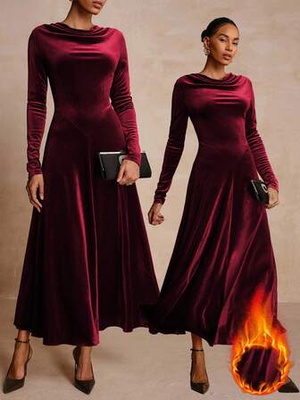 Vesra 女士优雅深V领长袖丝绒连衣裙