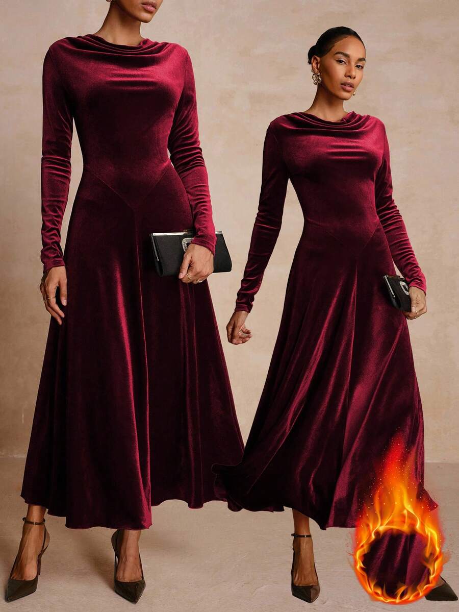 Vesra Women's Elegant Plunging Neck Long Sleeve Velvet Dress