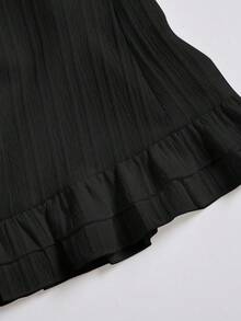 Elamini 女式夏季纯色荷叶边下摆系带腰短袖衬衫 - 黑色 - 查看 8