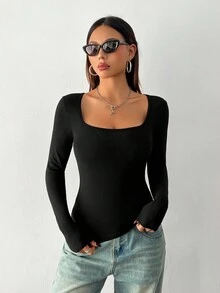 SHEIN PETITE 女式紧身长袖 T 恤（黑白两件装） - 黑色 - 查看 6