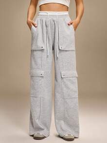 Hanevo 女士时尚休闲美式撞色腰带工装口袋高腰抽绳宽松直筒裤 - 灰色 - 查看 7