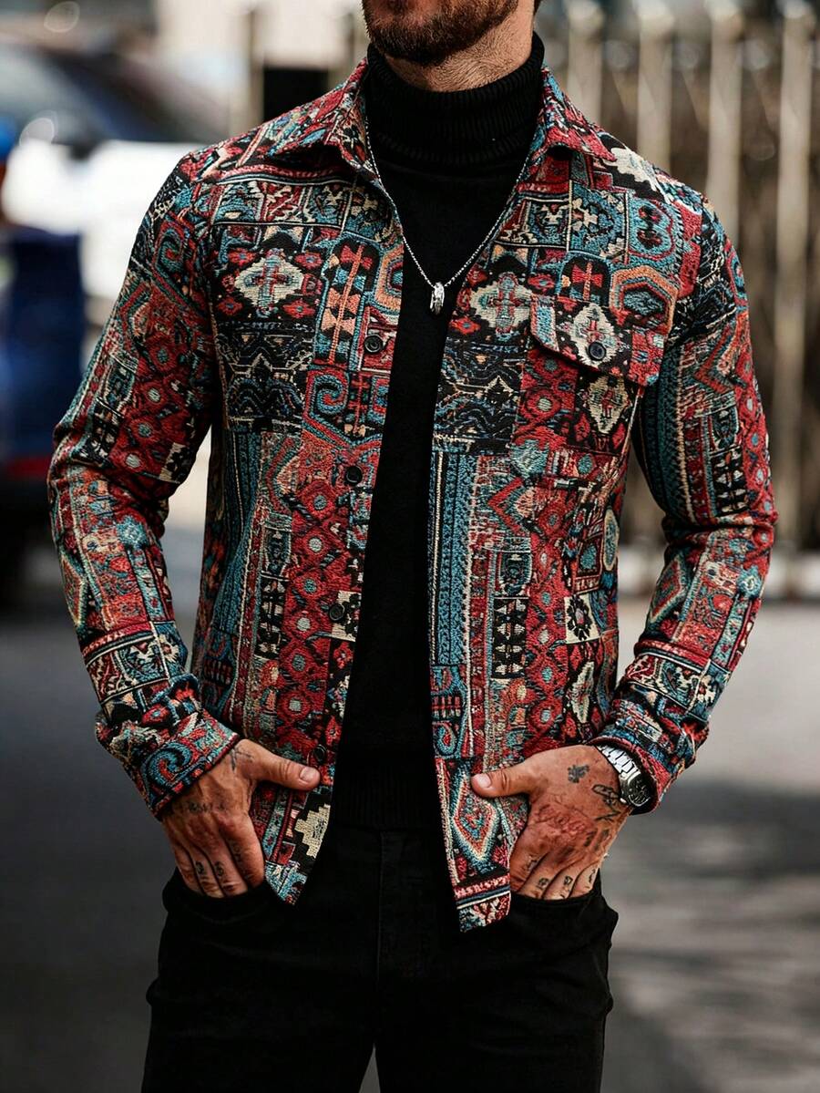 Manfinity CasualCool 男士復古印花長袖外套 波西米亞抽象圖案襯衫式開襟鈕扣多色 - 彩色 - 查看 1