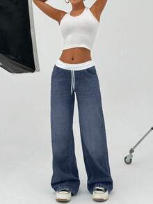 EURMUSE 100% 纯棉女式短裙年轻时尚低腰阔腿宽松牛仔裤