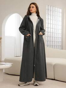 Mulvari Grey Hooded Drop Shoulder Zip-Up Long Cardigan, Autumn/Winter Abayas
