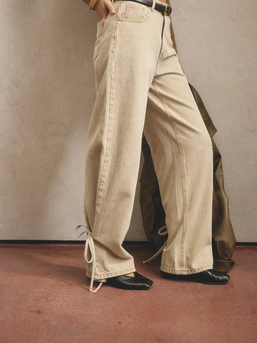Aralina Women's Casual Fall/Winter High Waisted Barrel Leg Jeans With Tie Up Detail At Hem Perfect For Going Out Outfits - Khaki - View 1