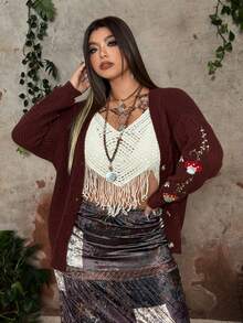 Whyspr Grunge Punk Cottage Plus Size Women Cable Knit Cardigan Sweater With Embroidered Cuffs, Autumn/Winter - Brown - View 5