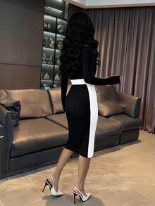 SHEIN PETITE Váy đen ngắn tay dài ôm sát cổ áo blazer màu tương phản thanh lịch dành cho nữ, Váy thu/đông dành cho nữ, Váy dự tiệc thanh lịch, Váy đen ngắn, Trang phục Giáng sinh dành cho nữ, Váy dự tiệc - màu đen - Xem 2