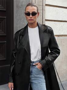 Ontre Women's Fashion PU Double-Breasted Waist Belt Trench Coat Street-Cool, High-End, Simple, Cool Motorcycle Style Workwear A Must-Have For Autumn And Winter: A High-End, Comfortable, Vintage-Style Jacket Back-To-School Season Campus Wear Club Wear Youthful Casual Style Low-Key And Durable Basic Style, All-Match And Suitable For Everyone, Street Fashion Wear, Coffee Shop Wear, Relaxed Wear All-Season Winter Clothes