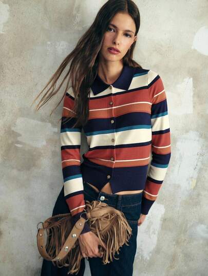 Nöista Striped Collared Button-Up Cardigan In Brown, Light Blue And Cream With A Fitted Ribbed Hem And Long Sleeves - A Chic, Figure-Skimming Layering Piece For Fall, Perfect Over Blouses, Tees Or Dresses For Casual Autumn Outfits, Going-Out Looks, Party Outfits, Graduation Guest Wear, Prom-Ready Or Smart-Casual Events.