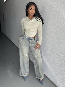 Alexandranx 女式简约前扣口袋休闲牛仔裤 - 藍色 - 查看 1