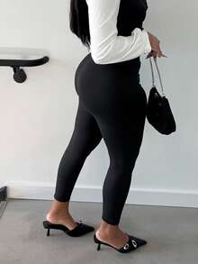 Alexandranx 纯色高腰紧身黑色紧身裤 - 黑色 - 查看 5