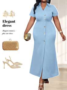 Fleurora Plus Size Women's Solid Color Lapel Short Sleeve Single-Breasted Fitted Elegant Casual Dress, Suitable For Party And Office