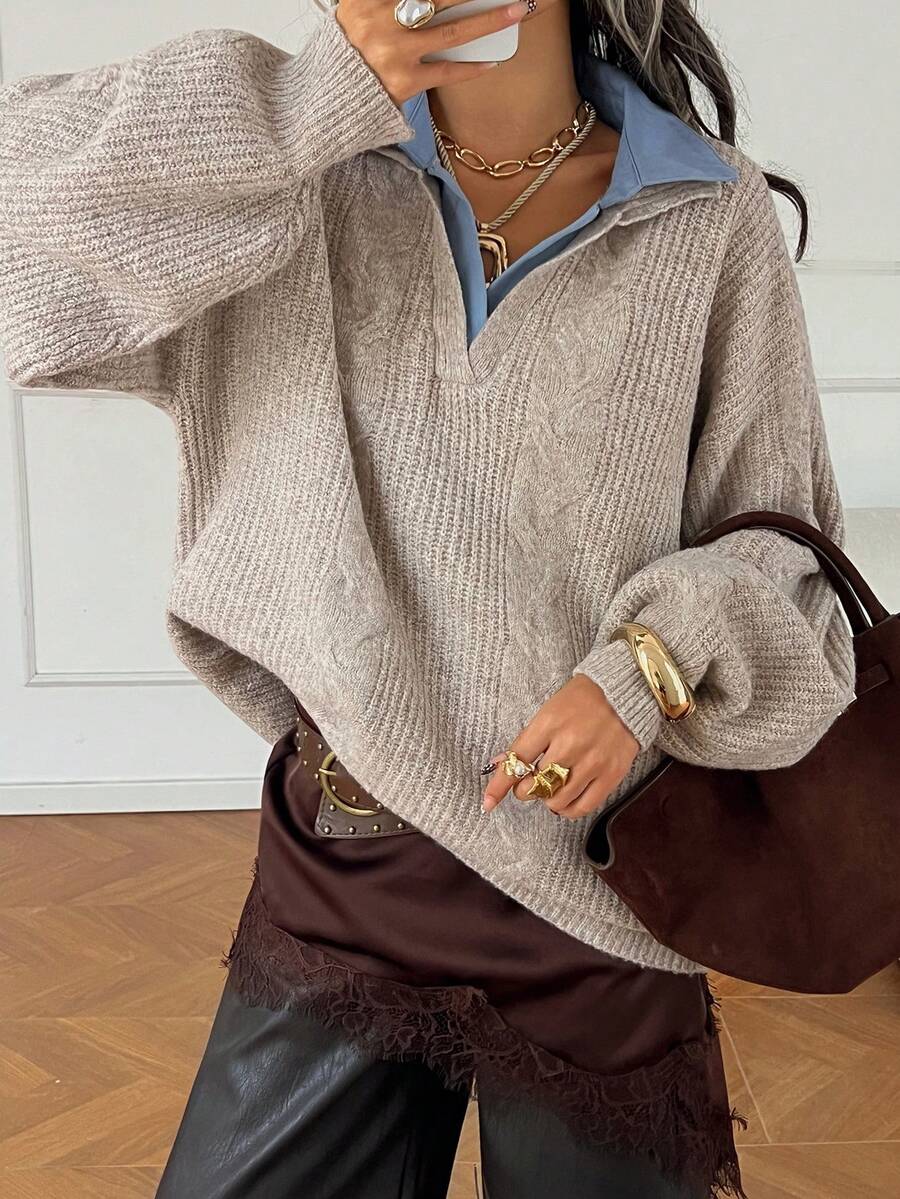 DAZY 女士撞色领宽松休闲毛衣，秋冬 - 卡其色 - 查看 1