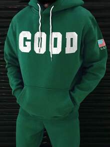 Manfinity Homme Men's Drawstring Casual Loose Fit Pullover Hoodie,Long Sleeve Green Sweatshirt For Autumn,Streetwear,Graduation,Independence Day,Old Money Style Top - Multicolor - View 1