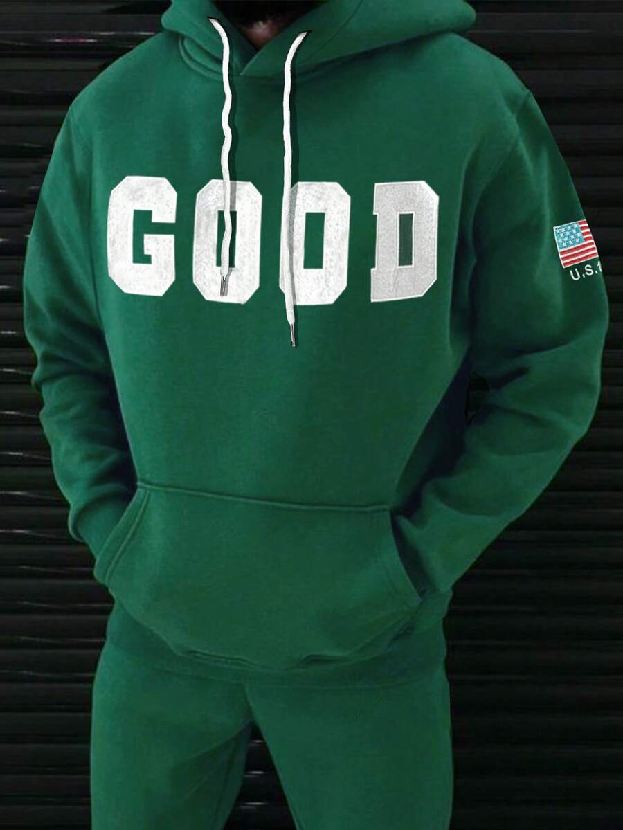 Manfinity Homme Men's Drawstring Casual Loose Fit Pullover Hoodie,Long Sleeve Green Sweatshirt For Autumn,Streetwear,Graduation,Independence Day,Old Money Style Top - Multicolor - View 1